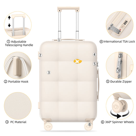 Beige 20/24/28 inch checked luggage /carry on luggage, 360° wheeled suitcase with TSA lock