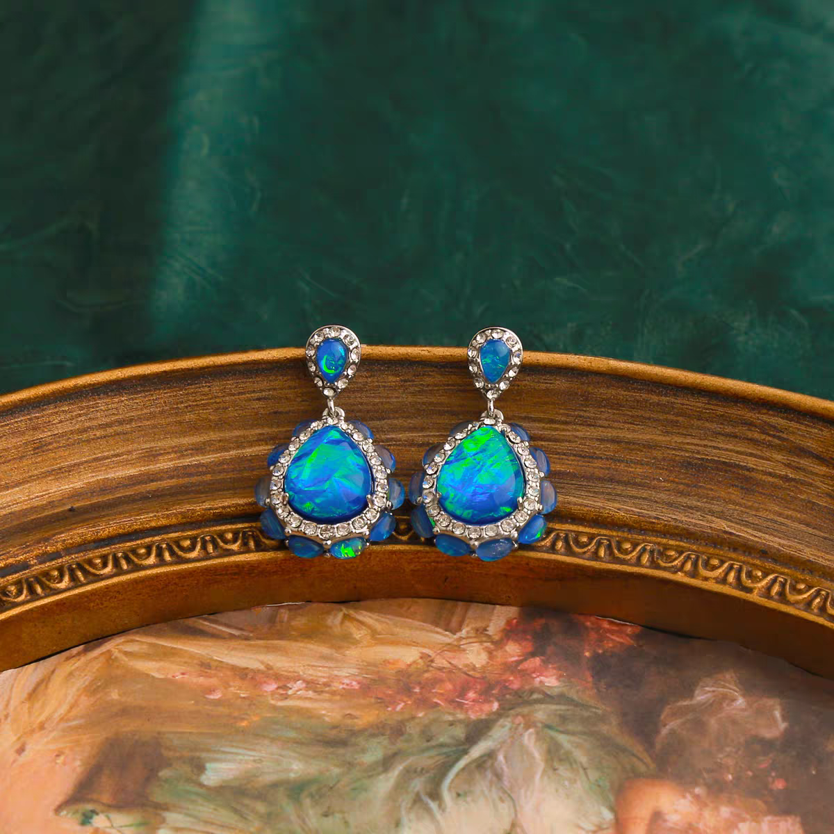 Blue Opal-Look Rhinestone Dangle Earrings