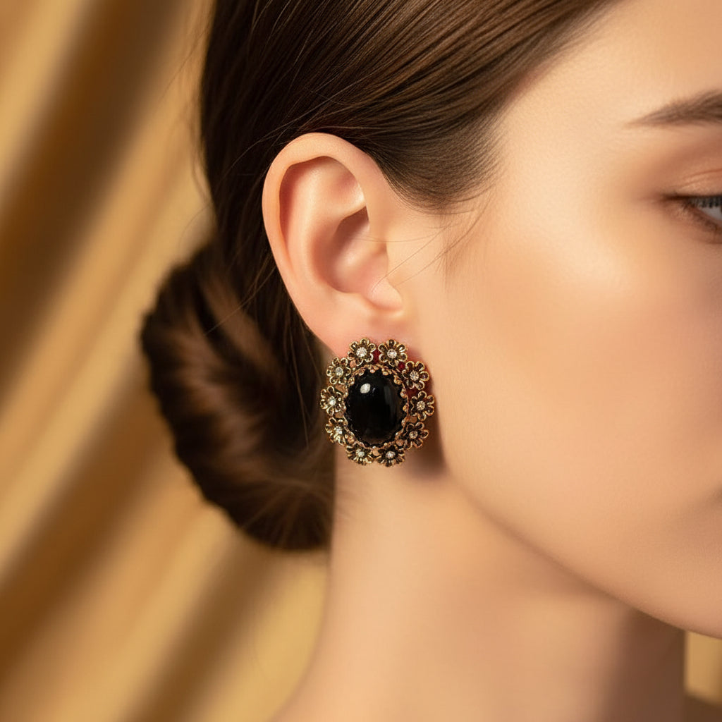 Elegant Onyx Bloom Stud Earrings