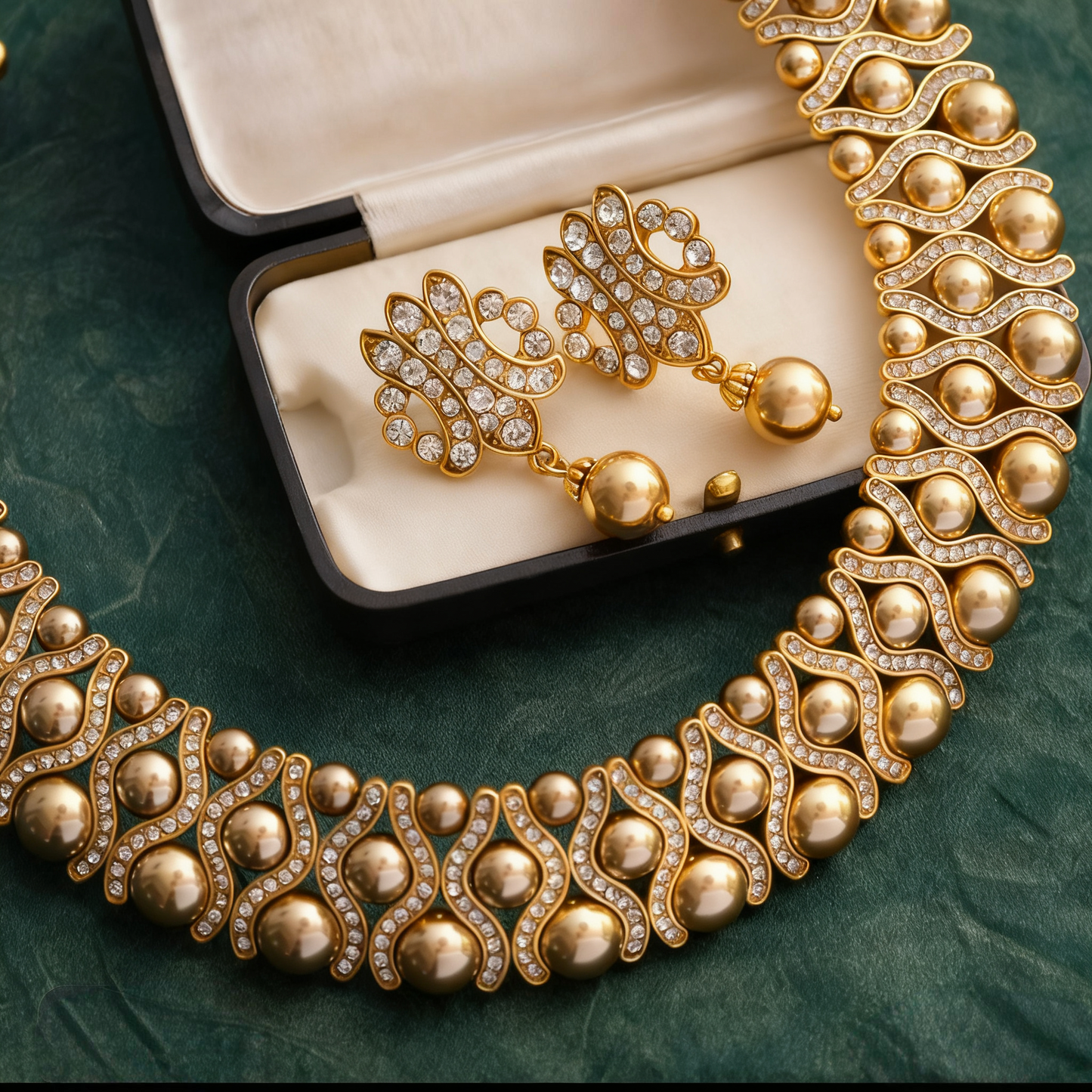 Retro Gold-Plated Rhinestone & Pearl Jewelry Set