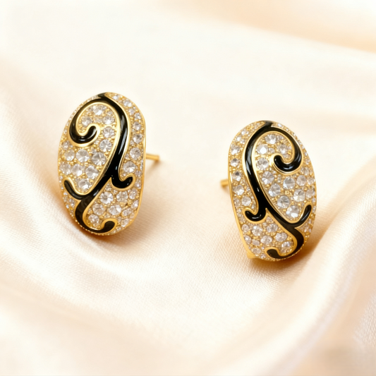 Gold-Plated Enamel & Rhinestone Statement Stud Earrings