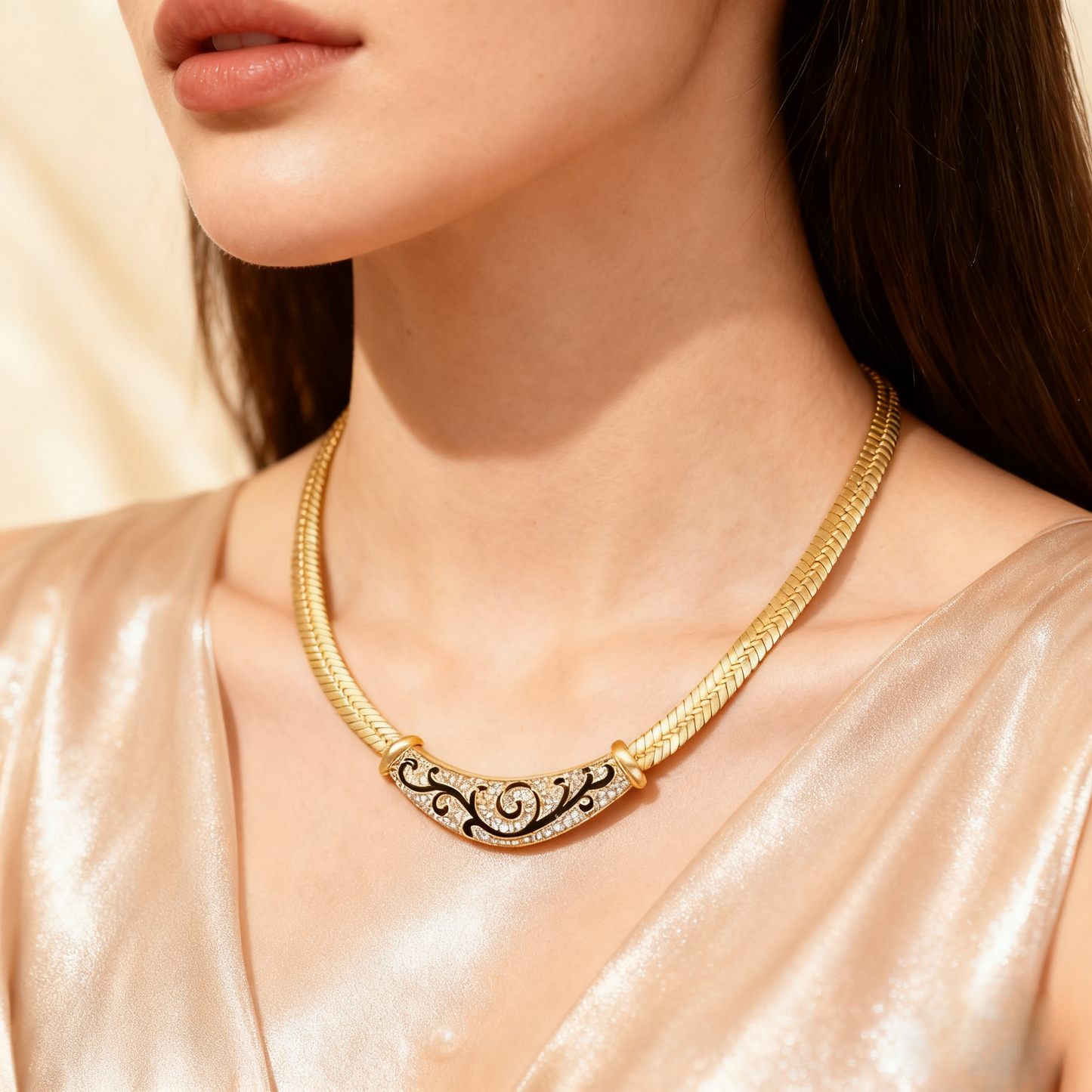 Black Enamel Patterned Necklace