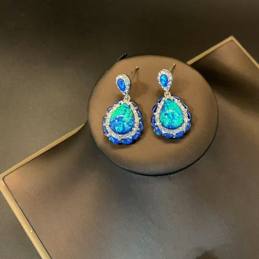 Blue Opal-Look Rhinestone Dangle Earrings