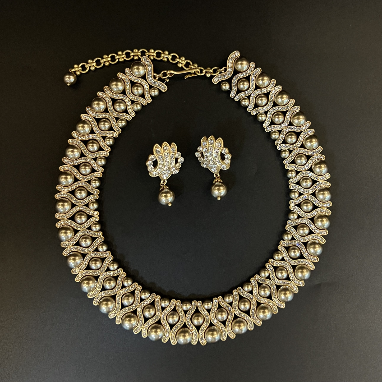 Retro Gold-Plated Rhinestone & Pearl Jewelry Set