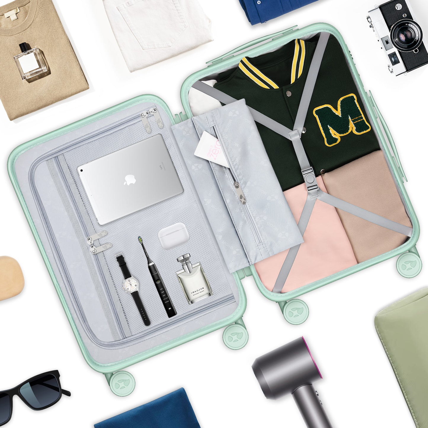 حقيبة سفر دوارة خضراء فاتحة