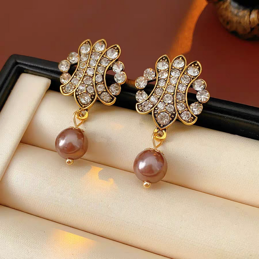 Vintage Gold-Plated Rhinestone & Mauve Pearl Dangle Earrings